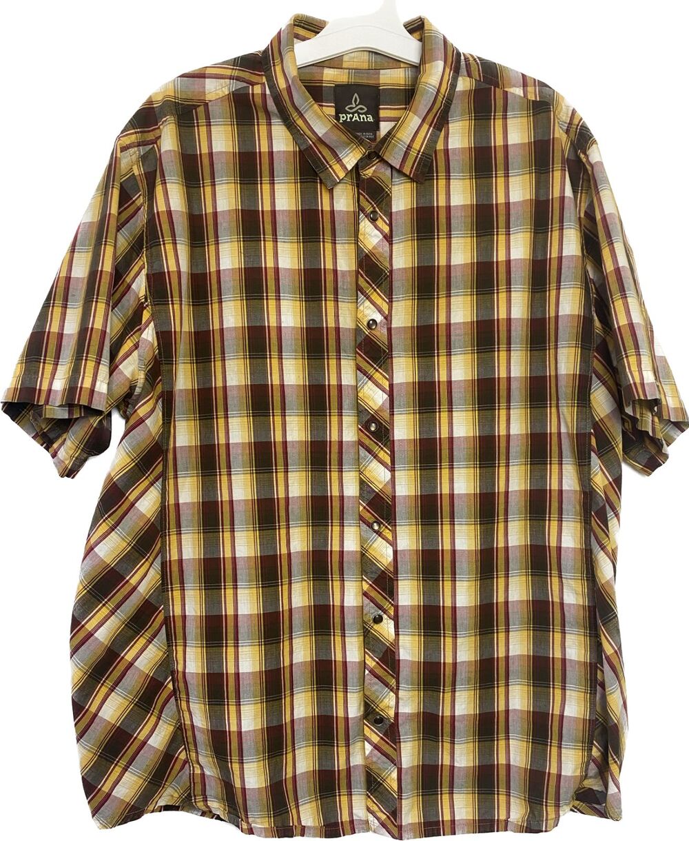 Prana Breath Pearl Snap Shirt Men's Size X-LRG Plaid Short Sleeve Organic Cotton
